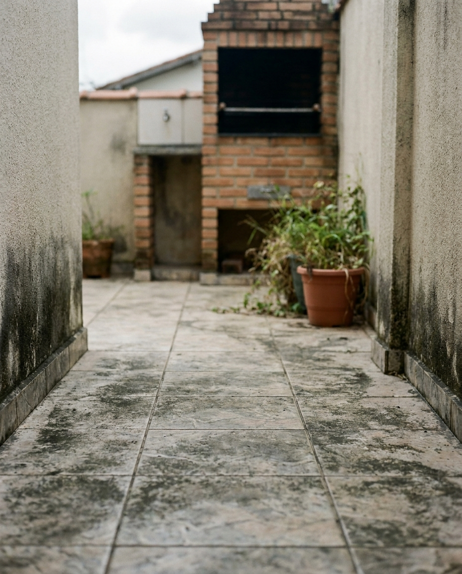 Área externa residencial com piso cerâmico encardido e acinzentado