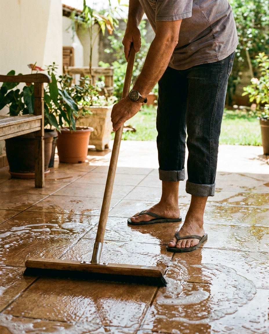 Aplicação do limpador concentrado com rodo em piso de área externa